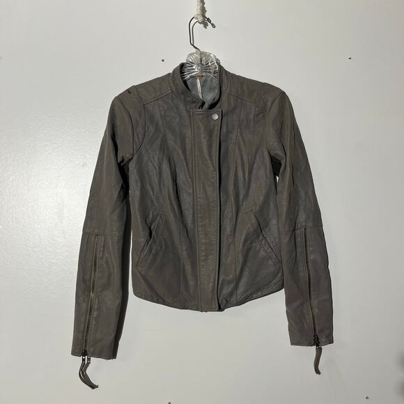 Free People Moto Jacket Gray Full Zip Faux Vegan Leather Womans Size 0 - Picture 1 of 8